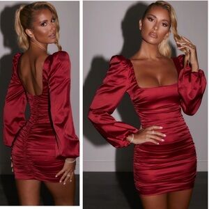 OH POLLY PRECIOUS JEWEL RUCHED PUFFED SLEEVE SATIN MINI DRESS